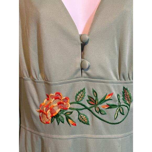 ESTINO VTG 60/70’s Disco Retro Lime Embroidered Flowers Flare Leg Jumpsuit 13/14 - Picture 7 of 16